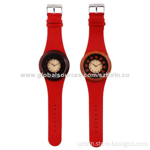 Watch in Imported Red, Black Sandalwood Case or Hard Maple Wood, Genuine Leather Band